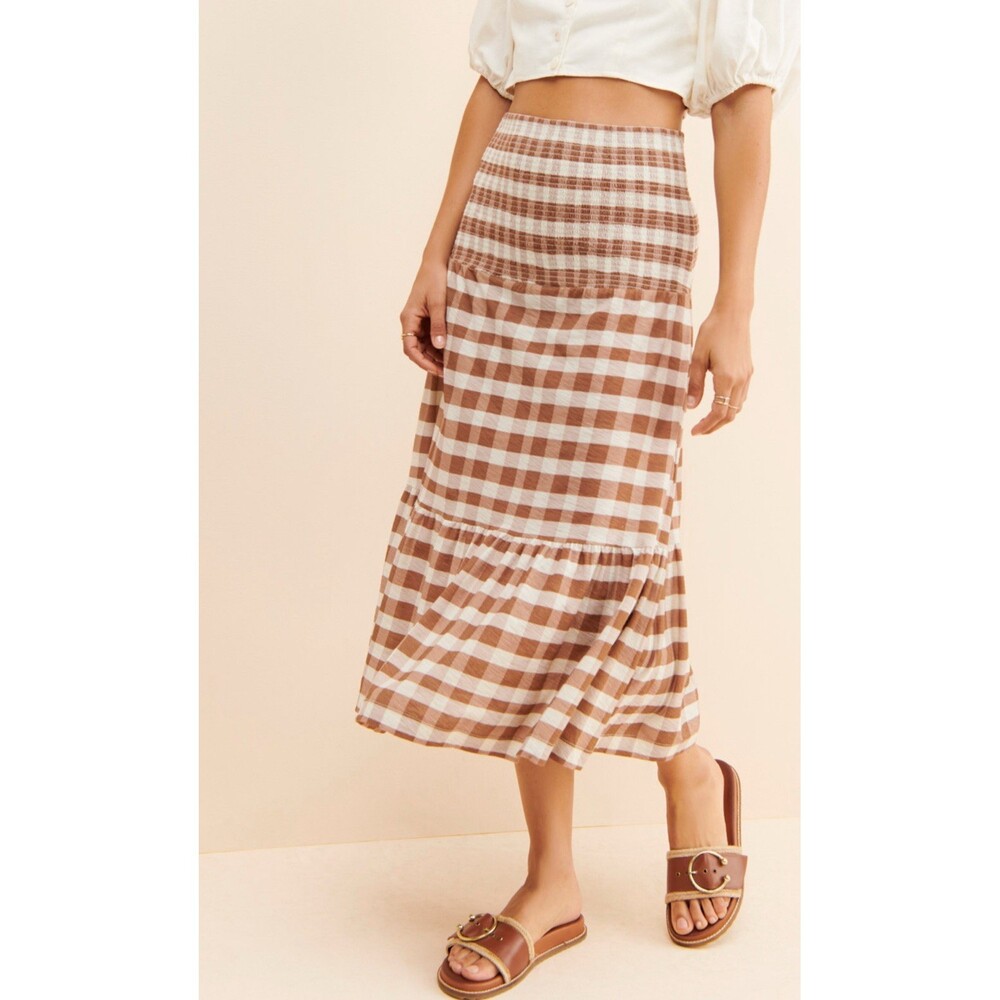 $170 Nation LTD Maxi Skirt Large Smocked Tan White Plaid Layered Midi